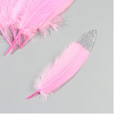 Пушистые перья гуся 15-20 см, 10 шт. Ярко-розового цвета с серебрянной крошкой