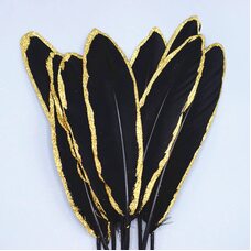 Пушистые перья гуся 15-20 см, 10 шт. Черные в золотом обрамлении