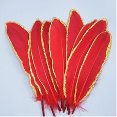 Пушистые перья гуся 15-20 см, 10 шт. Красные в золотом обрамлении