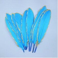 Пушистые перья гуся 15-20 см, 10 шт. Голубые в золотом обрамлении